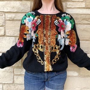 Vintage 1980s Wild Floral Sequin Sweater